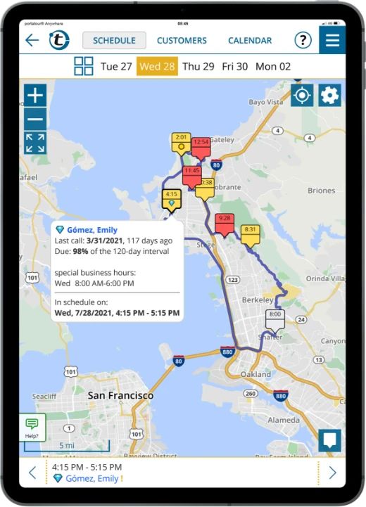 Optimized route schedule for one day with automatically selected customers that are ready for a visit
