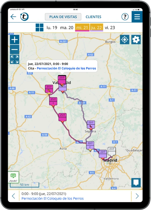 El plan de rutas optimizado para un día con clientes seleccionados automáticamente que cumplen el plazo de visita