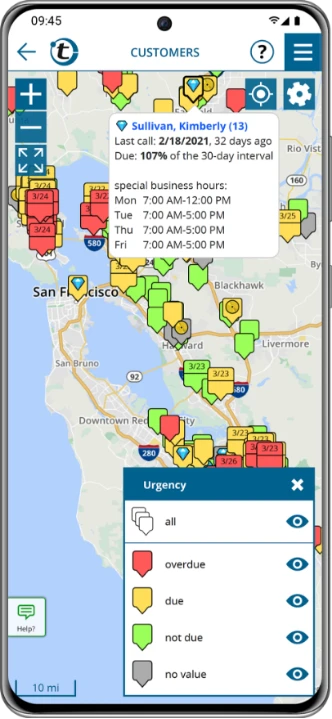 Optimized route schedule for one day with automatically selected customers that are ready for a visit